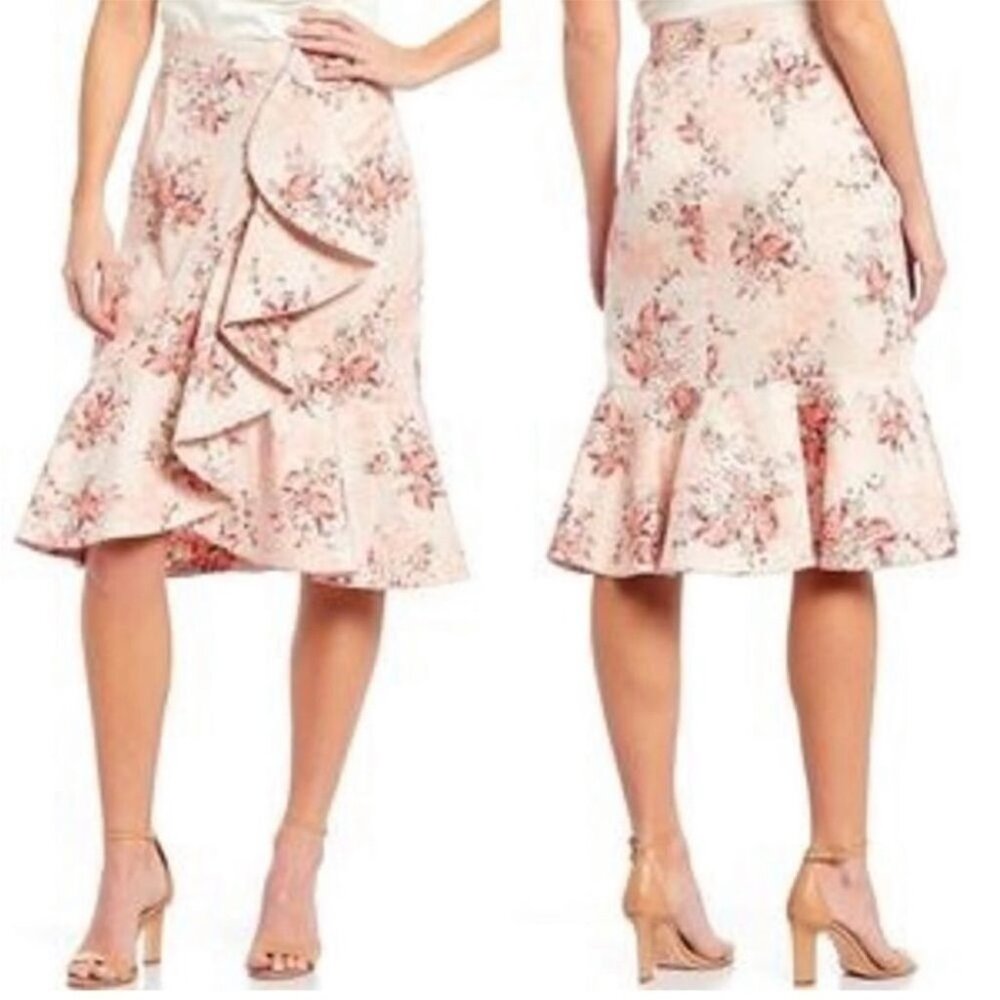 NWT Antonio Melani Toby Ruffle Faux Wrap Skirt Pink Blissful Blossoms